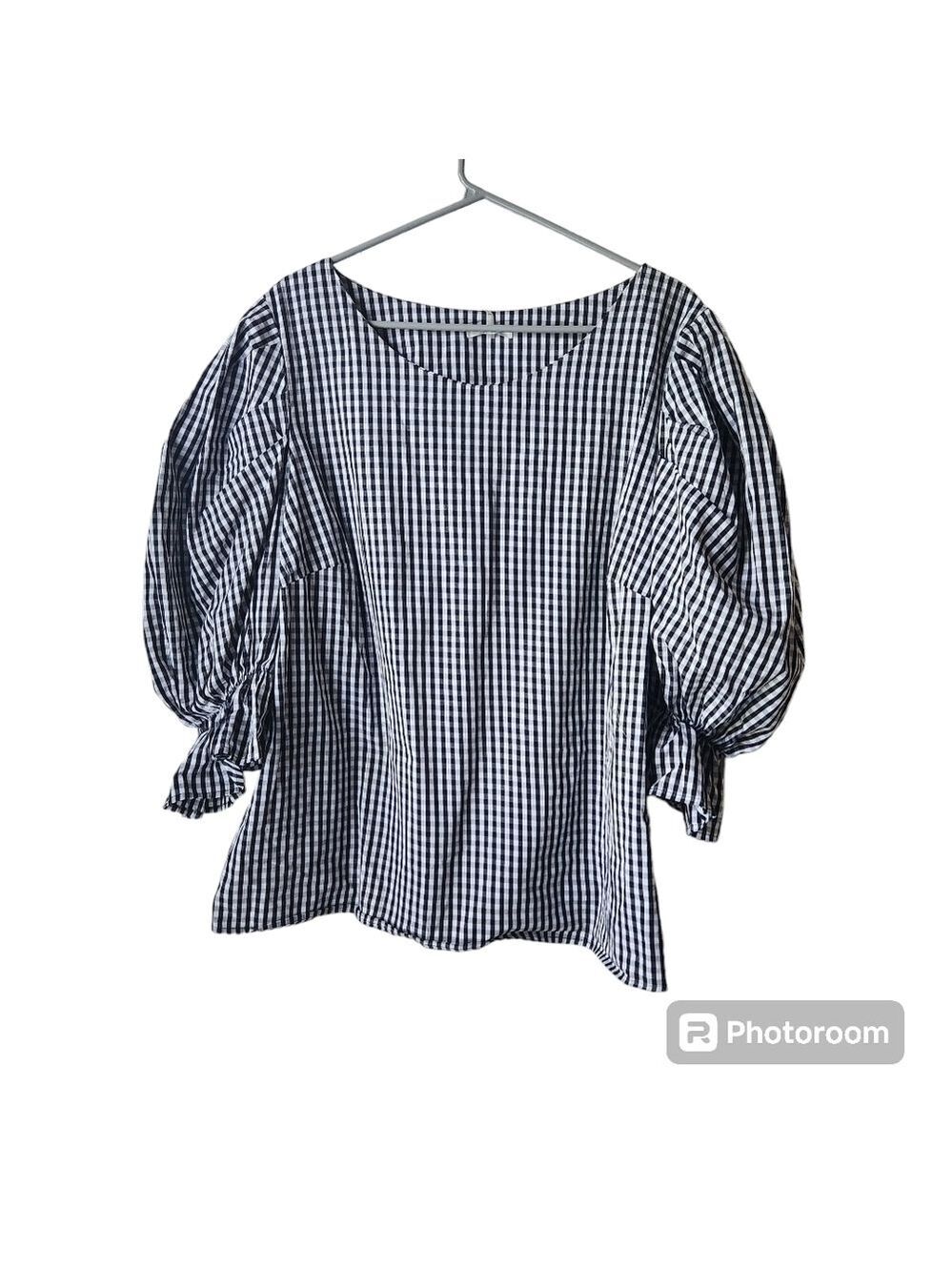 Soprano Black White Gingham Check 3/4 Puff Sleeve Blouse Sz. 3x